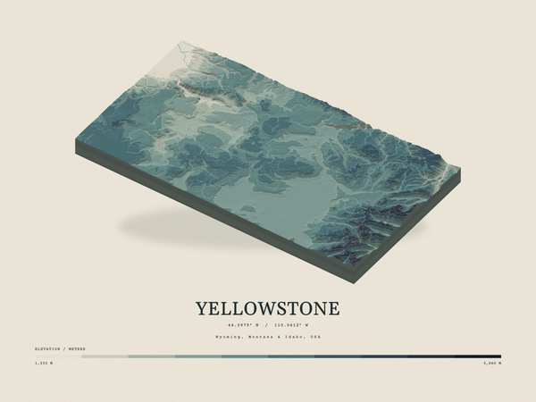 Yellowstone — Terrain Relief print in Graphite (landscape)