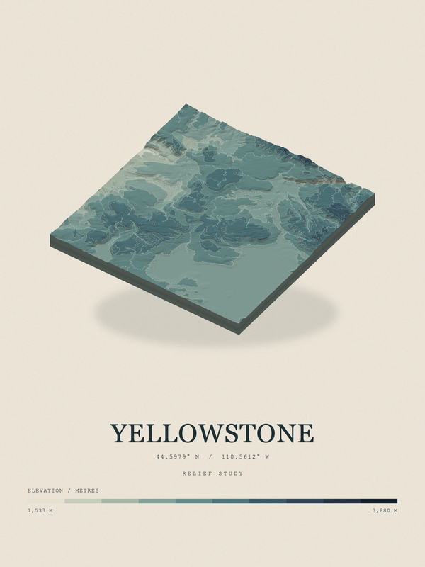Yellowstone — Terrain Relief print in Graphite
