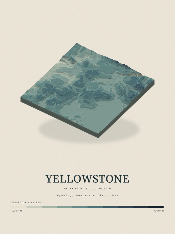 Yellowstone — Terrain Relief print in Graphite