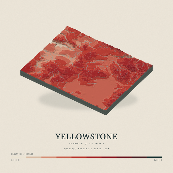 Yellowstone — Terrain Relief print in Red Earth (square)