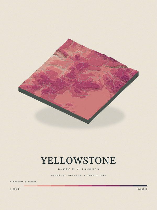 Yellowstone — Terrain Relief print in Rose & Stone