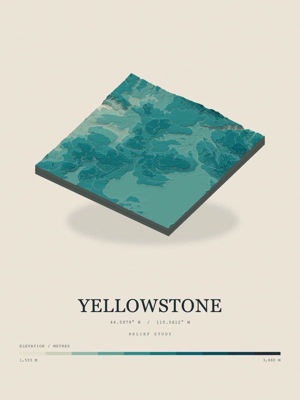 Yellowstone — Terrain Relief print in Alpine Teal