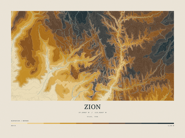 Zion — Contour Colour print in Saffron & Slate (landscape)