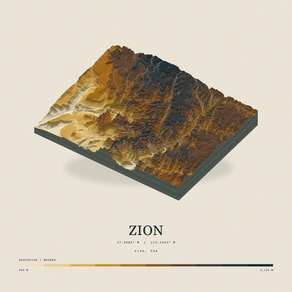 Zion — Terrain Relief print in Saffron & Slate (square)