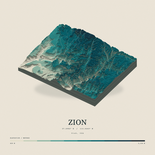 Zion — Terrain Relief print in Alpine Teal (square)