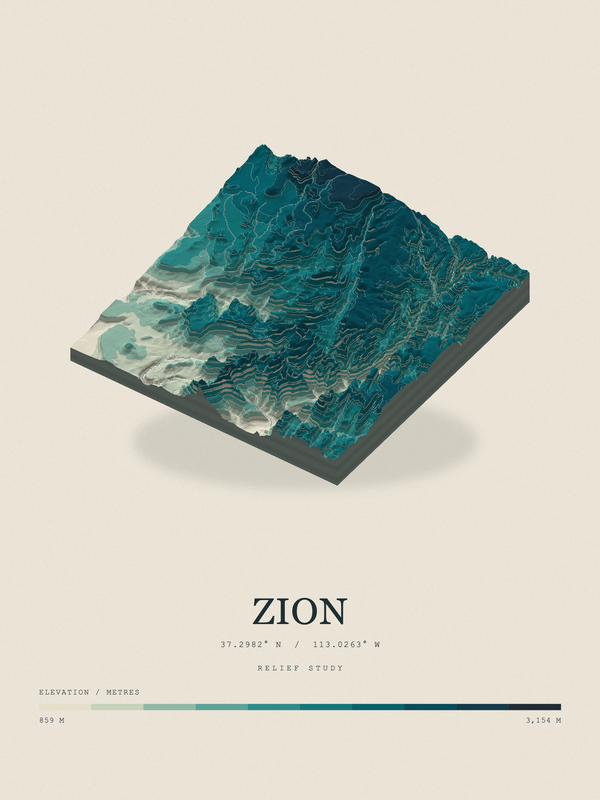 Zion — Terrain Relief print in Alpine Teal