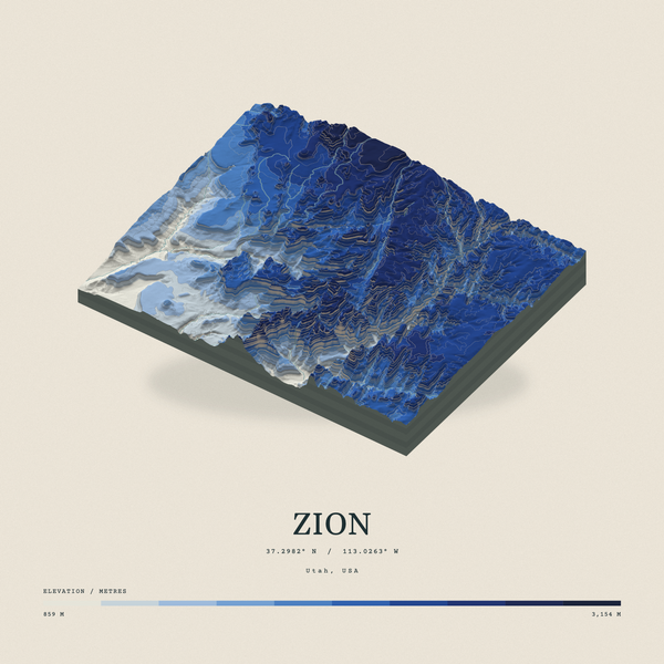 Zion — Terrain Relief print in Ultramarine (square)